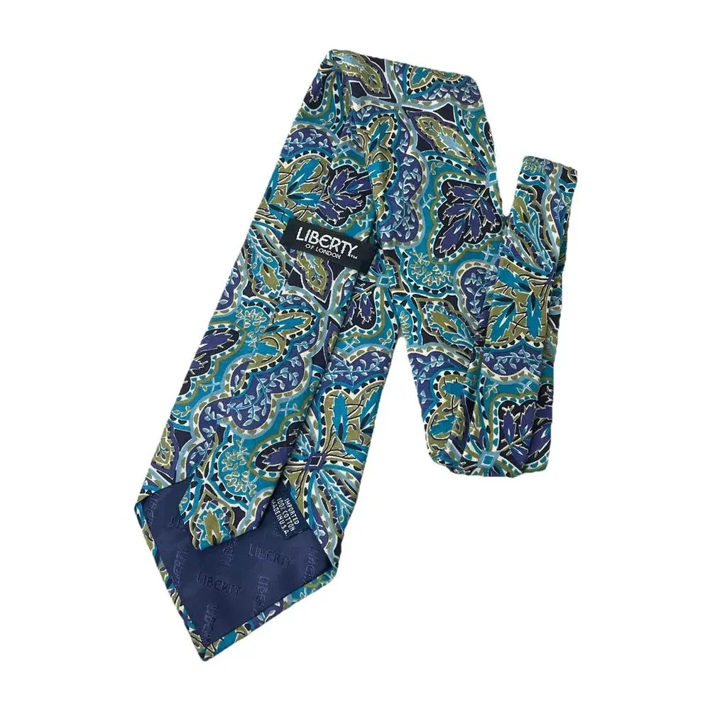 Liberty Of London Floral Mens Tie Cotton 80s 90s Vintage Blue Paisley Leaf Fine